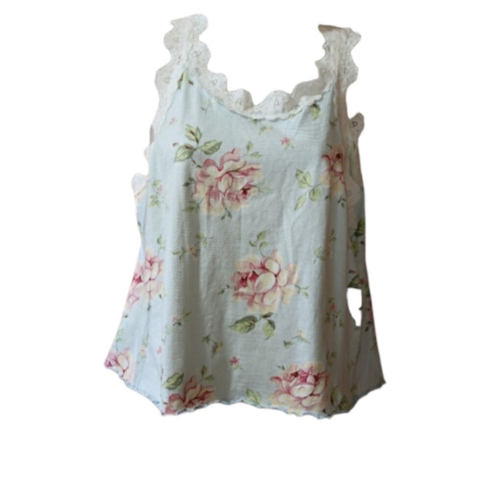 Harve Bernard Blue Feminine Lace Lettuce Hem Y2K Vintage Tank Top Cami LG